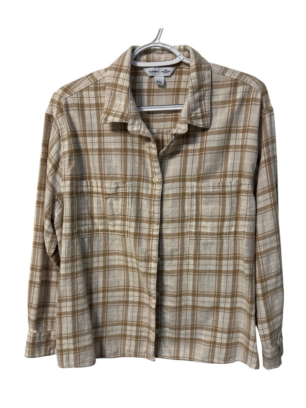 Old Navy Women’s Tan and Cream Plaid Button-Down Shirt